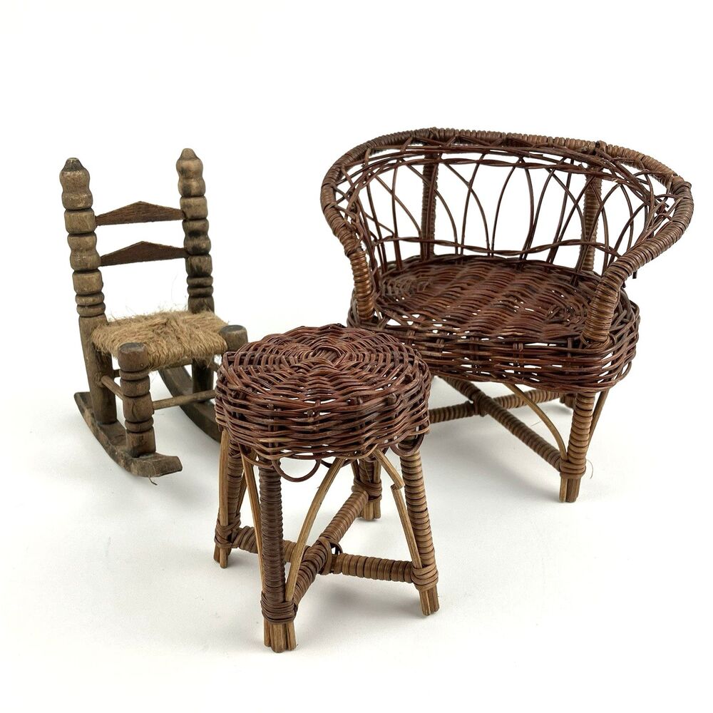 Vintage 3pc Wicker Mini Chair Set Rattan Doll Furniture Boho Decor